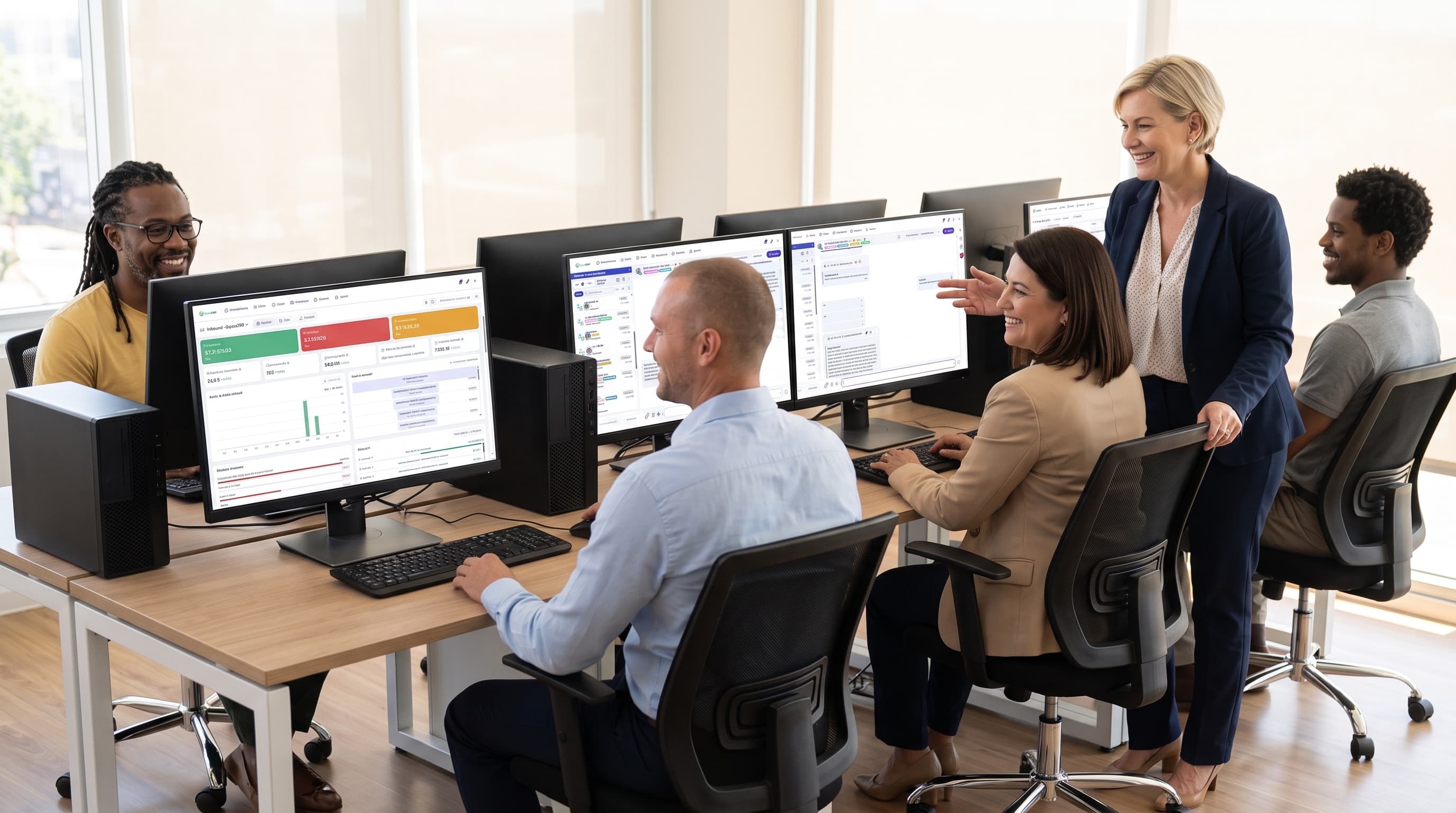 Equipe comercial colaborando no acompanhamento de atendimentos e oportunidades