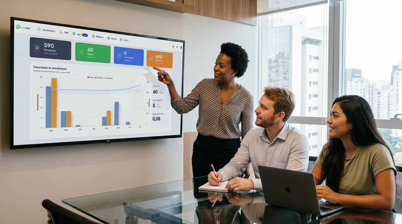 Equipe analisando relatórios de atendimento em conjunto