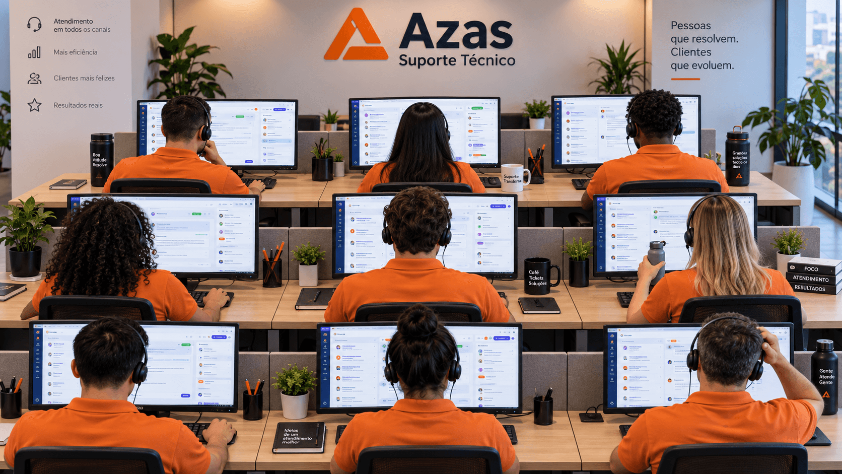 Equipe AZas de suporte técnico com camisas laranjas