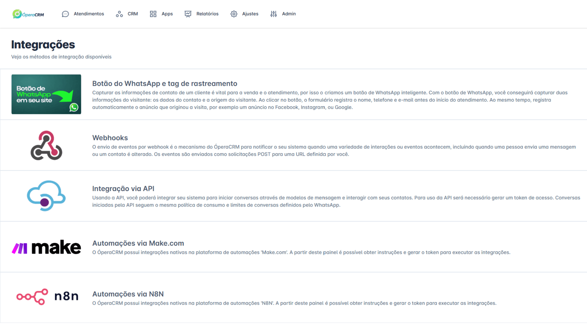 Tela real de integrações: Webhooks, API, Make e n8n