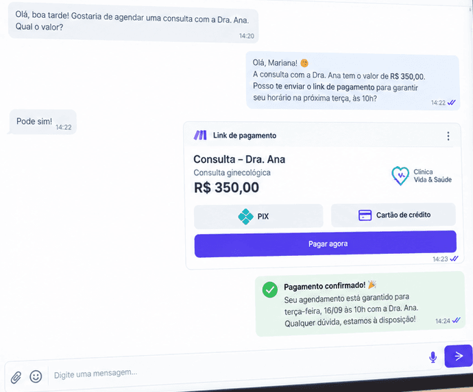 Link de pagamento enviado durante o atendimento da clínica