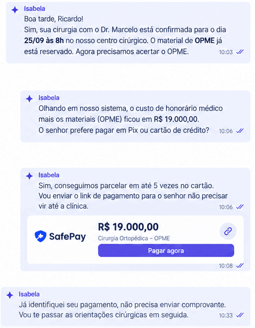 Simulação de atendimento com IA, informações sobre cirurgia e OPME, link e confirmação de pagamento
