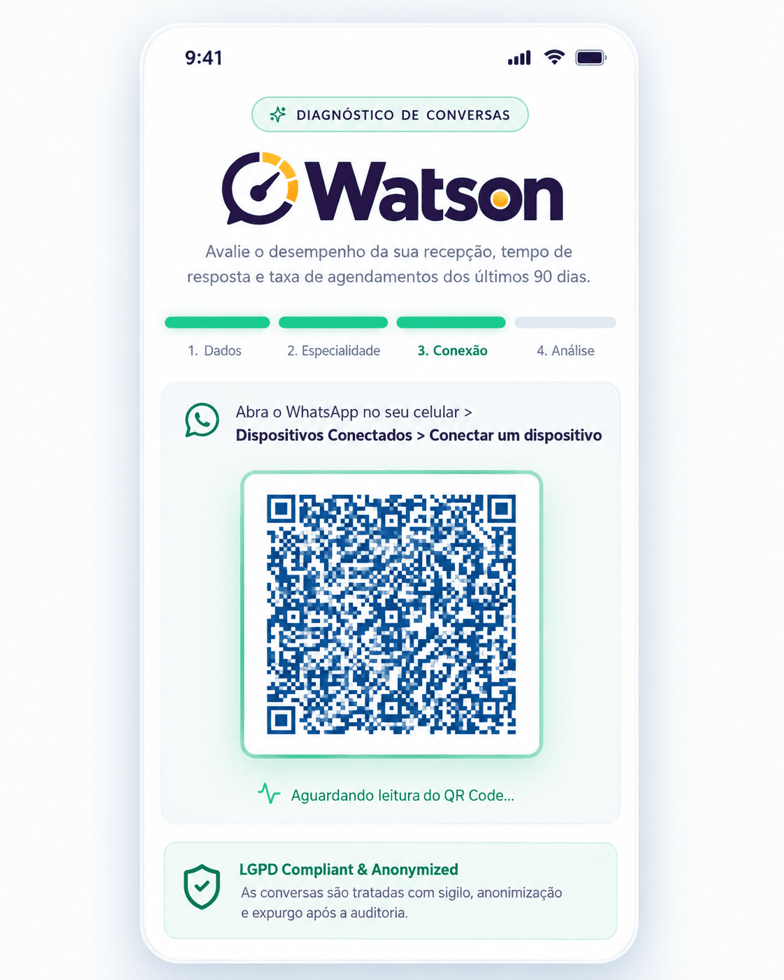 Exemplo demonstrativo da conexão do WhatsApp ao Watson; o QR Code não é um acesso funcional nesta página